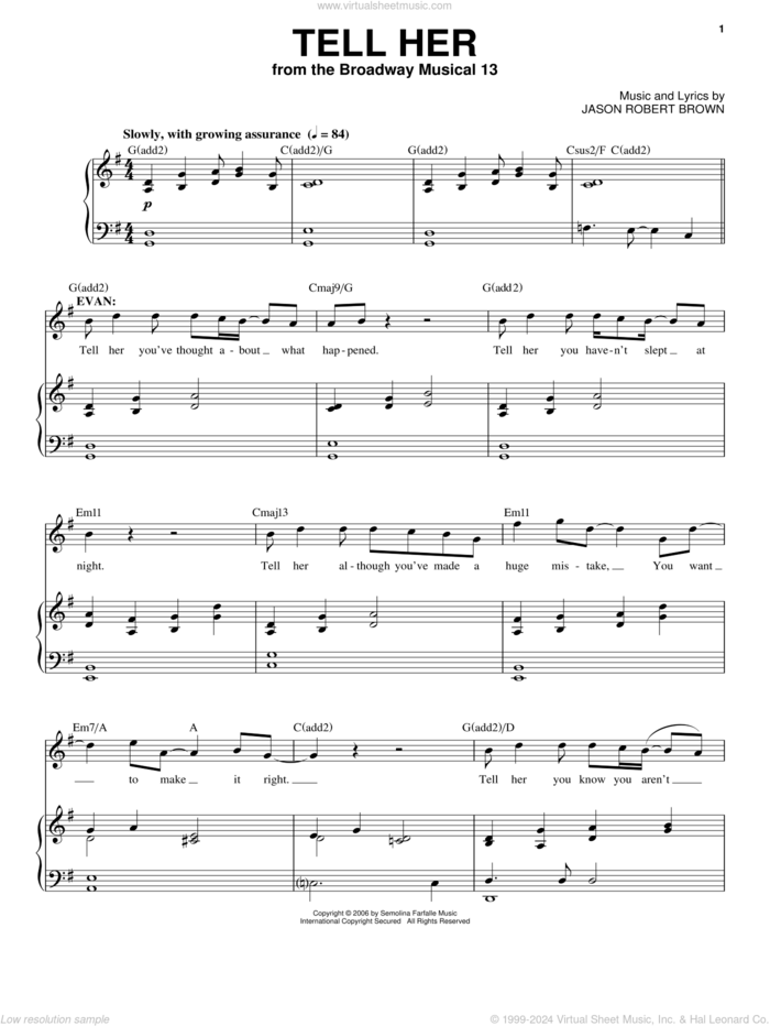 Tell Her (from 13: The Musical) sheet music for voice and piano by Jason Robert Brown and 13: The Musical, intermediate skill level