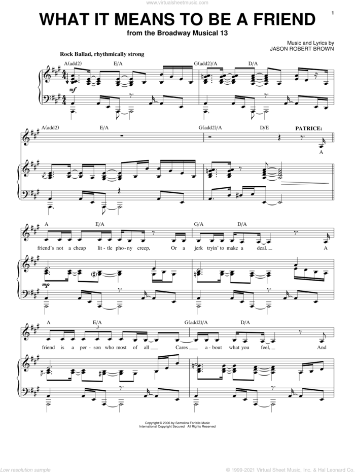 What It Means To Be A Friend (from 13: The Musical) sheet music for voice and piano by Jason Robert Brown and 13: The Musical, intermediate skill level