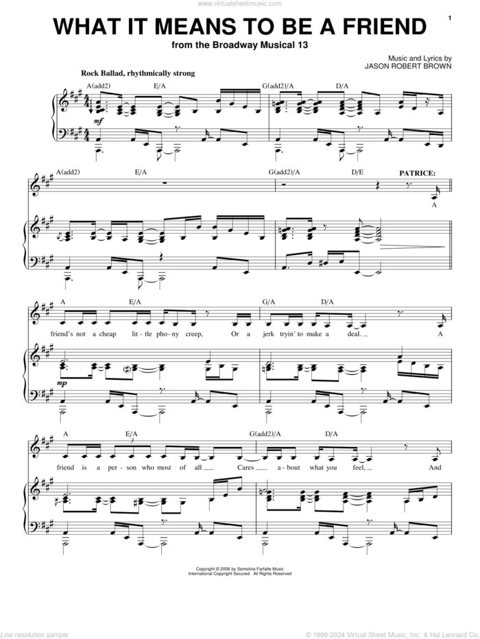 What It Means To Be A Friend (from 13: The Musical) sheet music for voice and piano by Jason Robert Brown and 13: The Musical, intermediate skill level