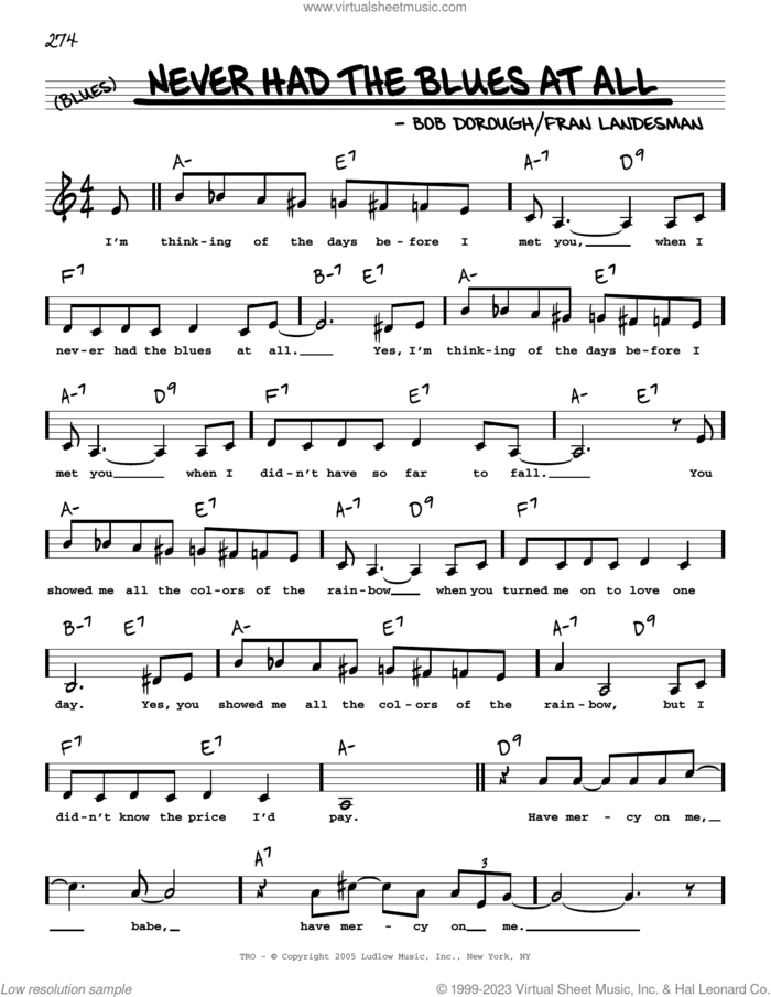Never Had The Blues At All (Low Voice) sheet music for voice and other instruments (low voice) by Bob Dorough and Fran Landesman, intermediate skill level