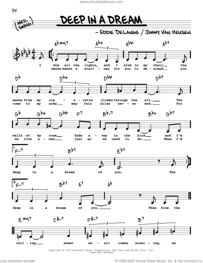 Deep In A Dream (Low Voice) sheet music for voice and other instruments (low voice) by Eddie DeLange and Jimmy Van Heusen, intermediate skill level