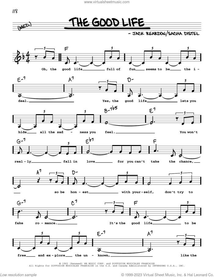 The Good Life (Low Voice) sheet music for voice and other instruments (low voice) by Jack Reardon and Sacha Distel, intermediate skill level