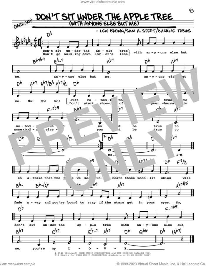 Don't Sit Under The Apple Tree (With Anyone Else But Me) (Low Voice) sheet music for voice and other instruments (low voice) by Lew Brown, Charles Tobias and Sam H. Stept, intermediate skill level