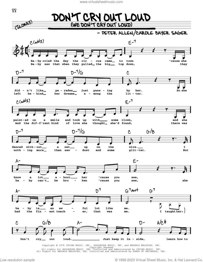 Don't Cry Out Loud (We Don't Cry Out Loud) (Low Voice) sheet music for voice and other instruments (low voice) by Melissa Manchester, Carole Bayer Sager and Peter Allen, intermediate skill level