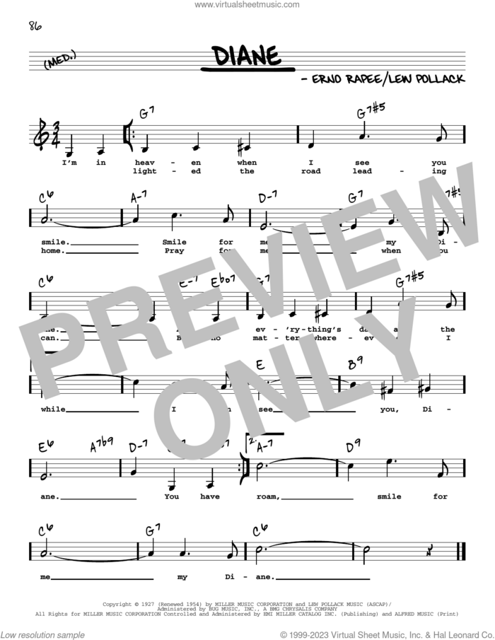 Diane (Low Voice) sheet music for voice and other instruments (low voice) by Erno Rapee and Lew Pollack, intermediate skill level
