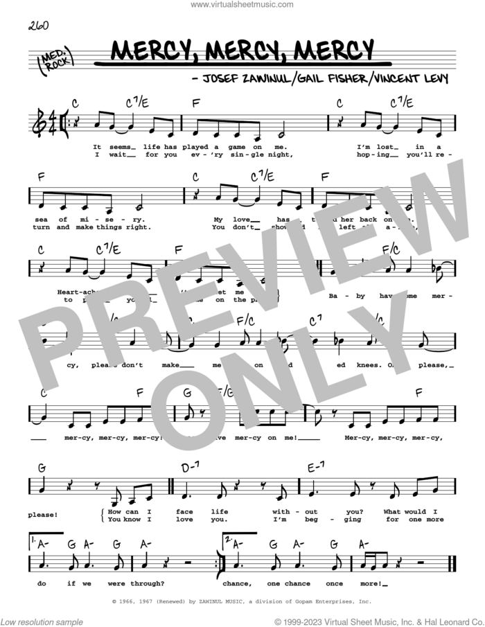 Mercy, Mercy, Mercy (Low Voice) sheet music for voice and other instruments (low voice) by Gail Fisher, Josef Zawinul and Vincent Levy, intermediate skill level