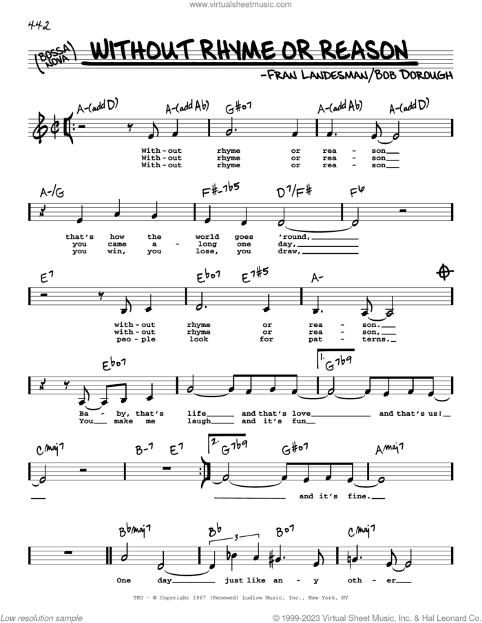 Without Rhyme Or Reason (Low Voice) sheet music for voice and other instruments (low voice) by Bob Dorough and Fran Landesman, intermediate skill level