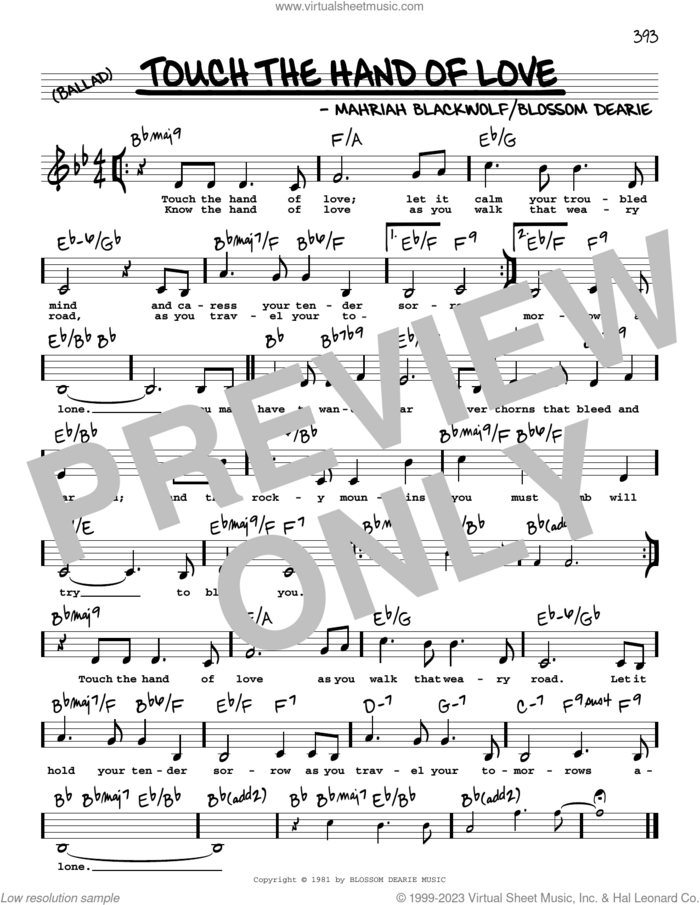 Touch The Hand Of Love (Low Voice) sheet music for voice and other instruments (low voice) by Blossom Dearie and Mahriah Blackwolf, intermediate skill level