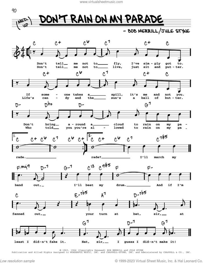 Don't Rain On My Parade (Low Voice) sheet music for voice and other instruments (low voice) by Barbra Streisand, Bob Merrill and Jule Styne, intermediate skill level