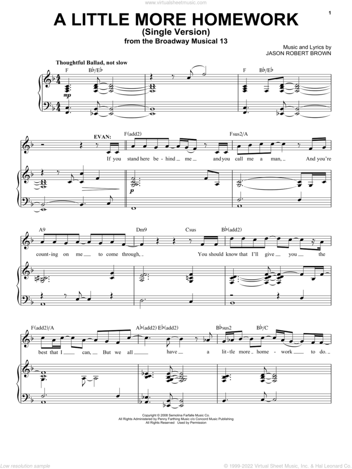 A Little More Homework (from 13: The Musical) sheet music for voice and piano by Jason Robert Brown and 13: The Musical, intermediate skill level