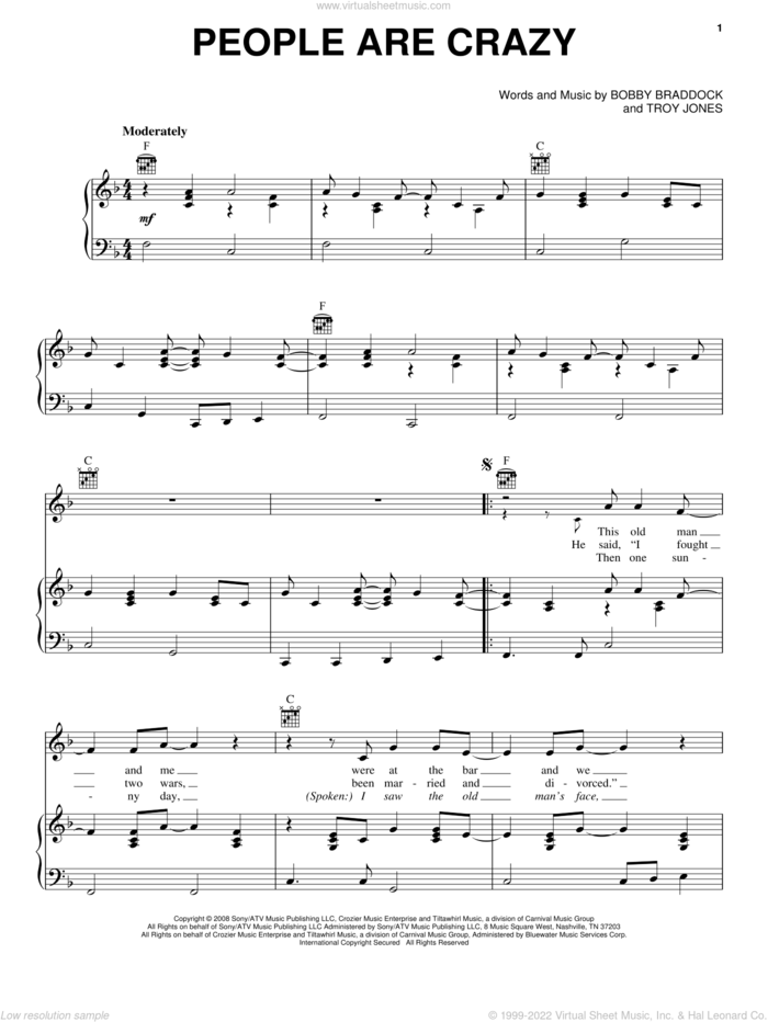 People Are Crazy sheet music for voice, piano or guitar by Billy Currington, Bobby Braddock and Troy Jones, intermediate skill level