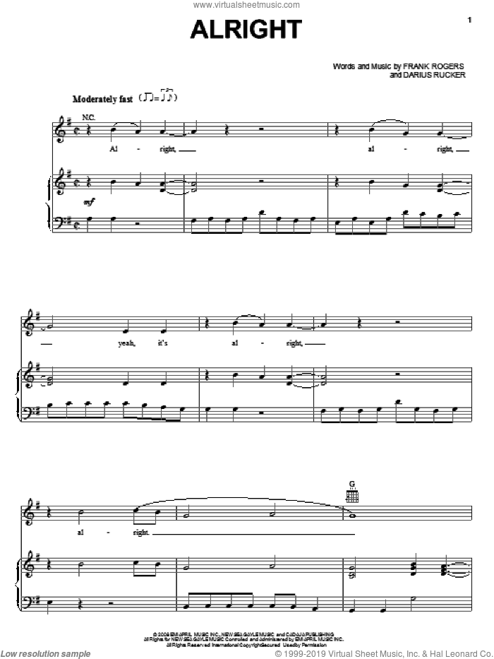 Alright sheet music for voice, piano or guitar by Darius Rucker and Frank Rogers, intermediate skill level