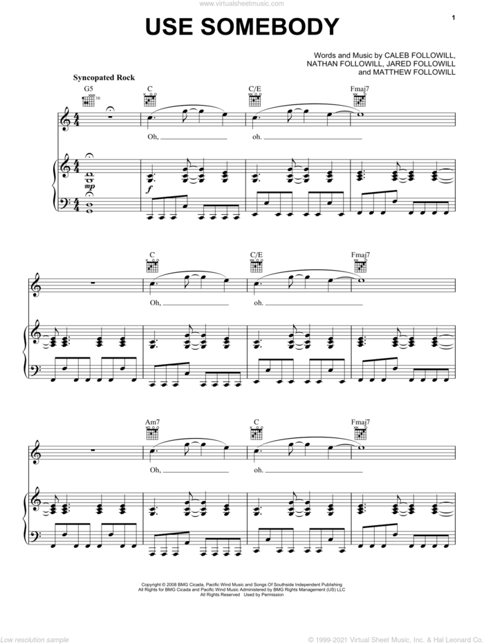 Use Somebody sheet music for voice, piano or guitar by Kings Of Leon, Caleb Followill, Jared Followill, Matthew Followill and Nathan Followill, intermediate skill level