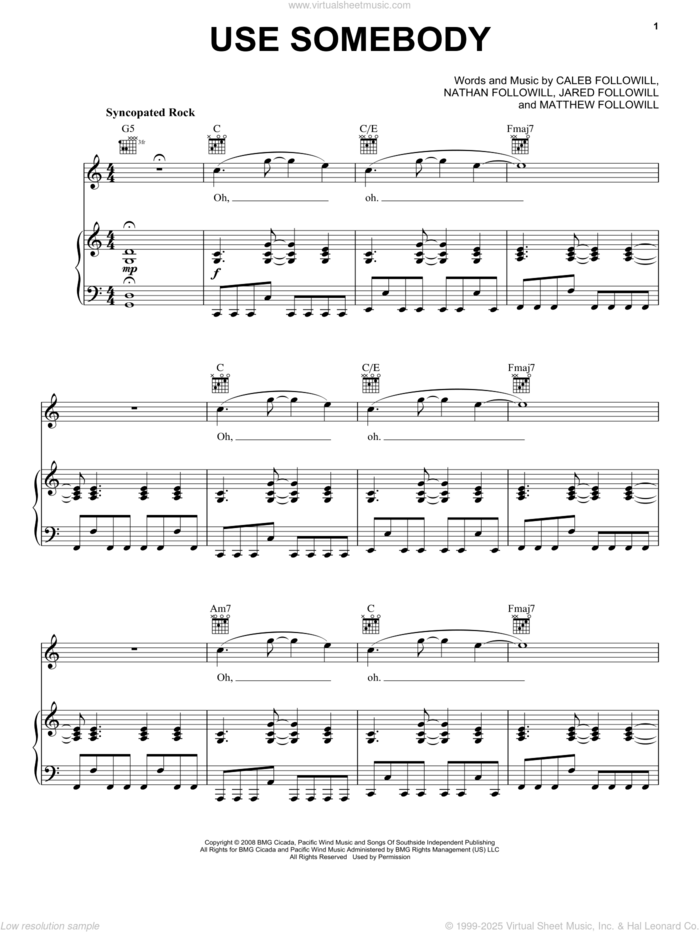 Use Somebody sheet music for voice, piano or guitar by Kings Of Leon, Caleb Followill, Jared Followill, Matthew Followill and Nathan Followill, intermediate skill level