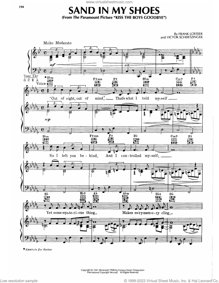 Sand In My Shoes (from Kiss The Boys Goodbye) sheet music for voice, piano or guitar by Frank Loesser and Victor Schertzinger, intermediate skill level
