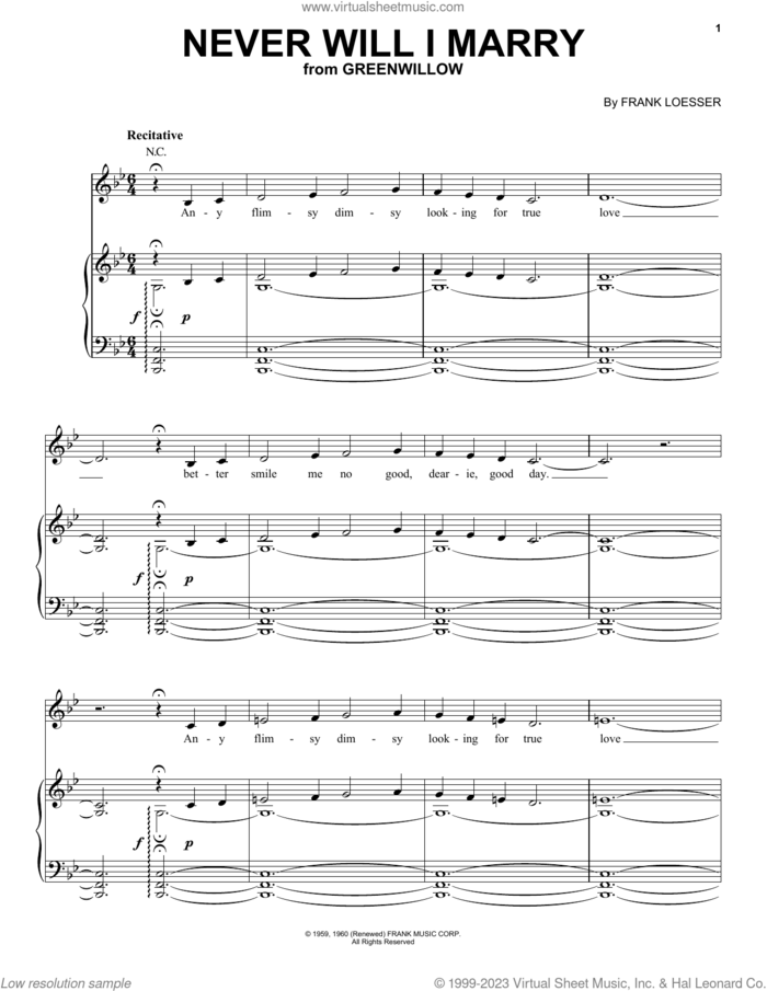 Never Will I Marry (from Greenwillow) sheet music for voice, piano or guitar by Frank Loesser, intermediate skill level