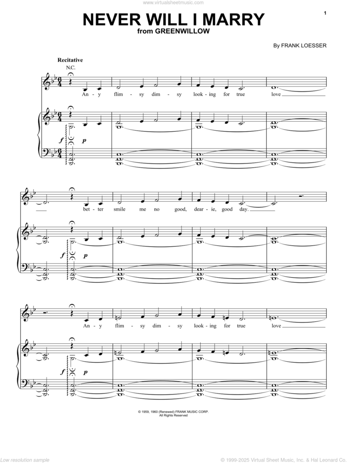 Never Will I Marry (from Greenwillow) sheet music for voice, piano or guitar by Frank Loesser, intermediate skill level