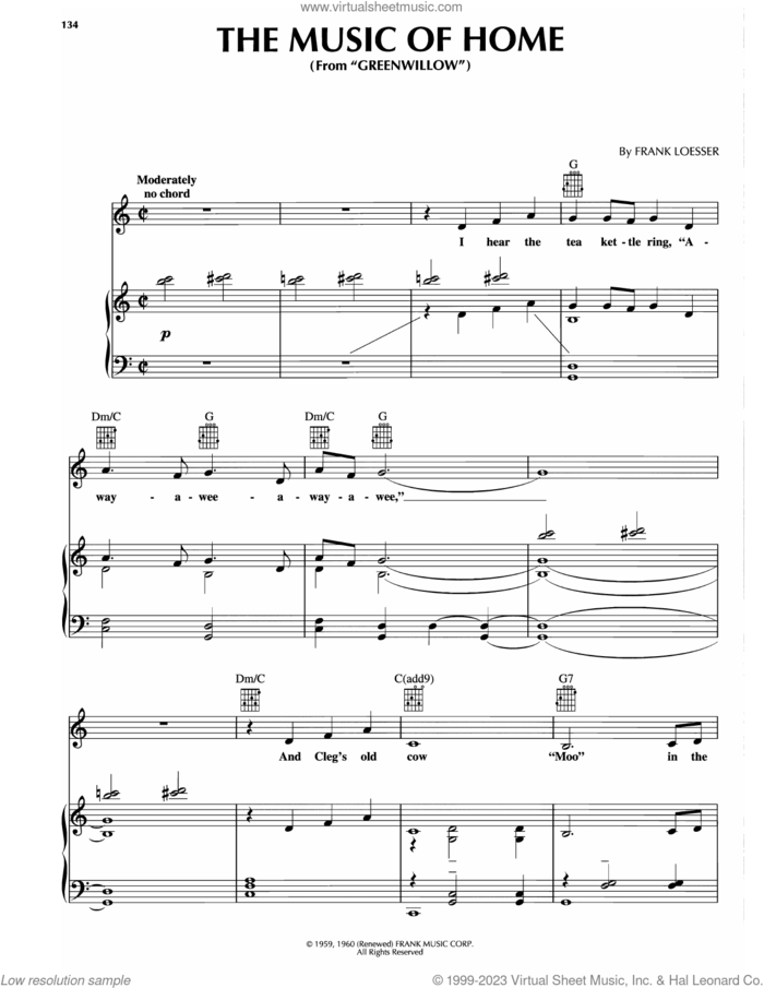 The Music Of Home (from Greenwillow) sheet music for voice, piano or guitar by Frank Loesser, intermediate skill level