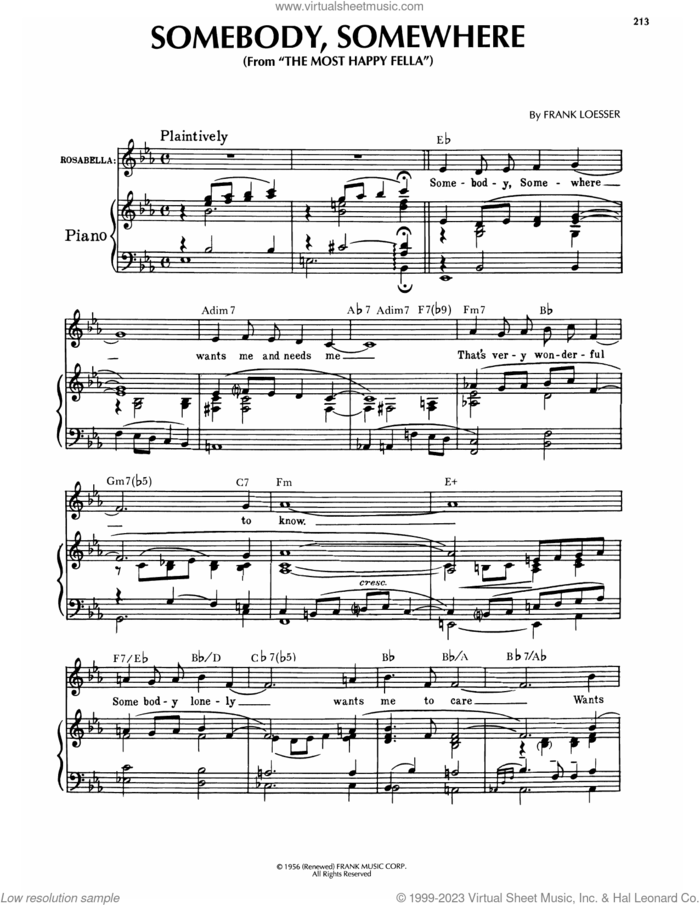Somebody, Somewhere (from The Most Happy Fella) sheet music for voice, piano or guitar by Frank Loesser, intermediate skill level