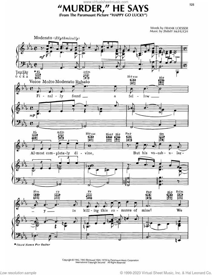 Murder, He Says (from Happy Go Lucky) sheet music for voice, piano or guitar by Frank Loesser and Jimmy McHugh, intermediate skill level