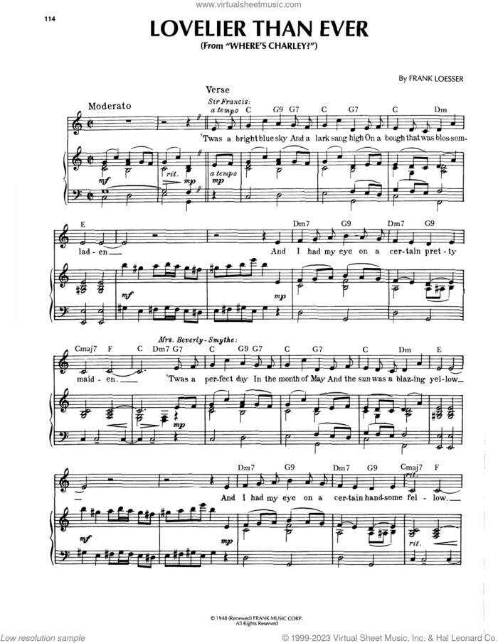 Lovelier Than Ever (from Where's Charley?) sheet music for voice, piano or guitar by Frank Loesser, intermediate skill level