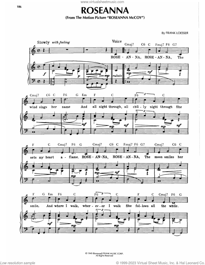 Roseanna (from Roseanna McCoy) sheet music for voice, piano or guitar by Frank Loesser, intermediate skill level