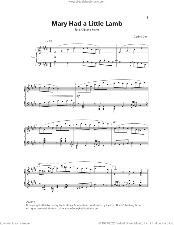 Mary Had A Little Lamb sheet music for choir (SATB: soprano, alto, tenor, bass) by Cedric Dent, intermediate skill level