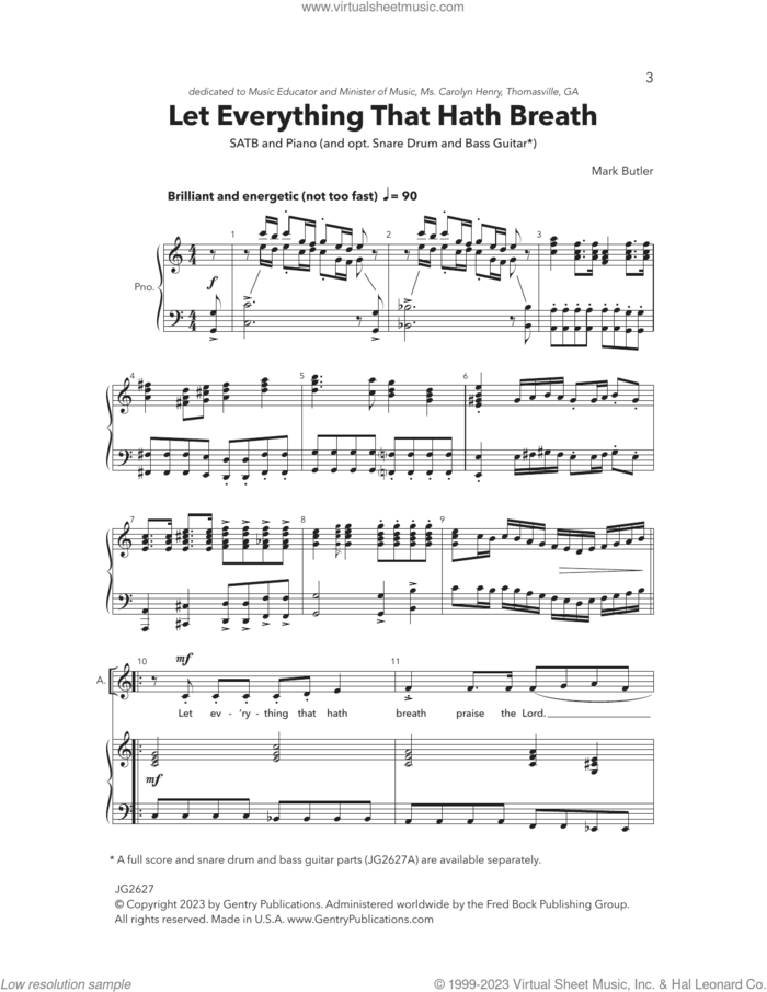 Let Everything That Hath Breath sheet music for choir (SATB: soprano, alto, tenor, bass) by Mark Butler, intermediate skill level