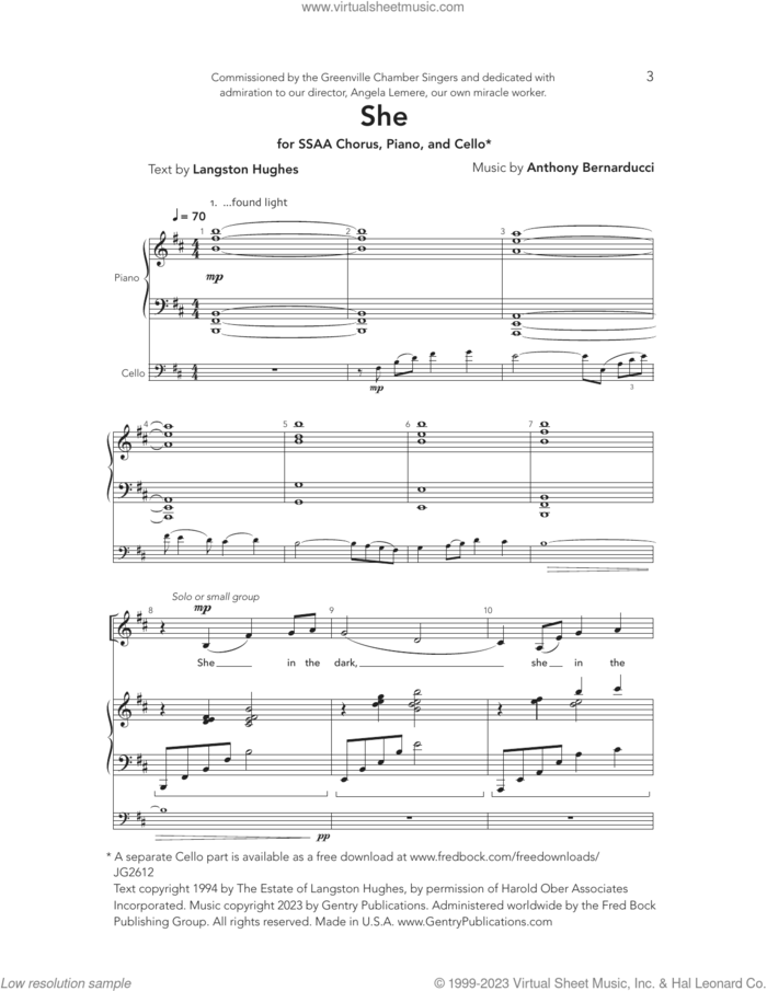 She sheet music for choir (SSAA: soprano, alto) by Anthony Bernarducci and Langston Hughes, intermediate skill level