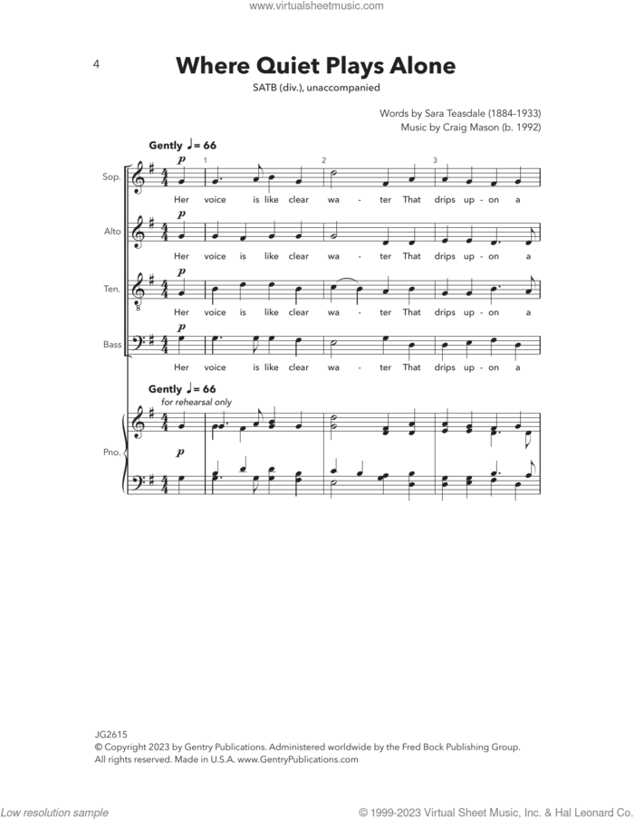 Where Quiet Plays Alone sheet music for choir (SATB Divisi) by Craig Mason and Sara Teasdale, intermediate skill level