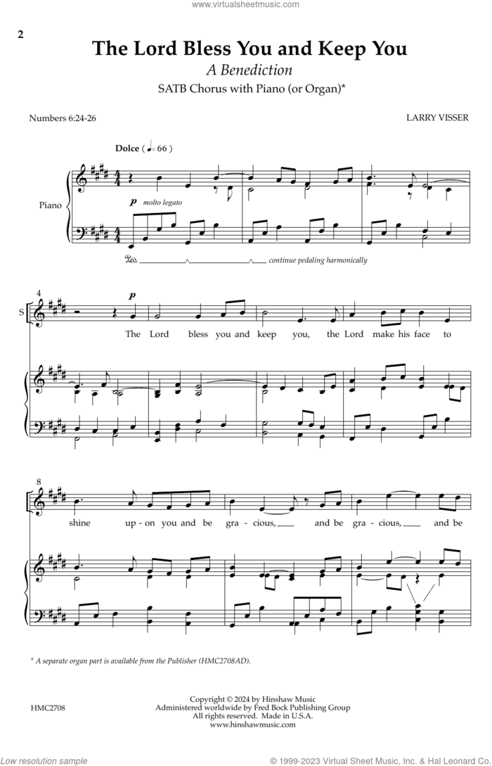 The Lord Bless You And Keep You (A Benediction) sheet music for choir (SATB: soprano, alto, tenor, bass) by Larry Visser, intermediate skill level
