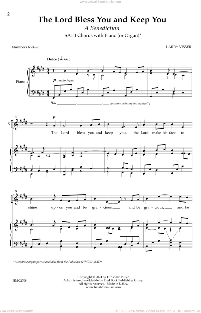 The Lord Bless You And Keep You (A Benediction) sheet music for choir (SATB: soprano, alto, tenor, bass) by Larry Visser, intermediate skill level