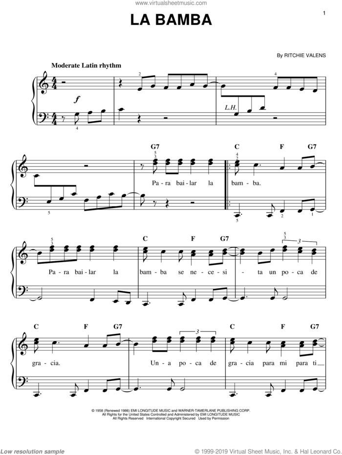 La Bamba, (easy) sheet music for piano solo by Los Lobos and Ritchie Valens, easy skill level