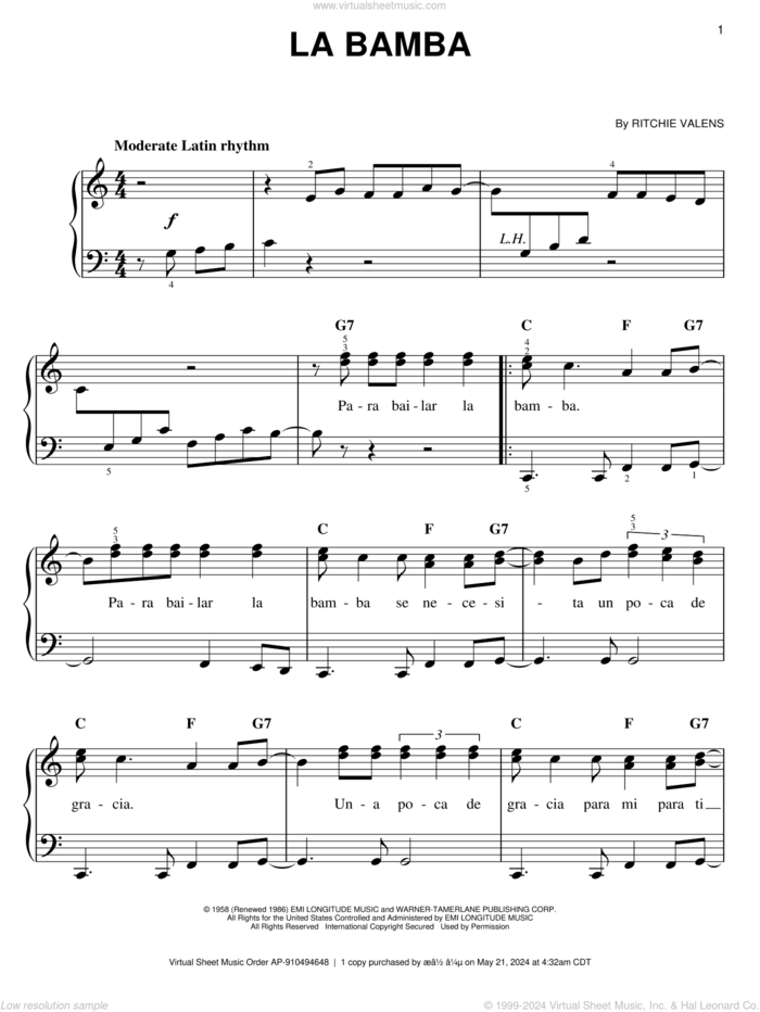 La Bamba, (easy) sheet music for piano solo by Los Lobos and Ritchie Valens, easy skill level