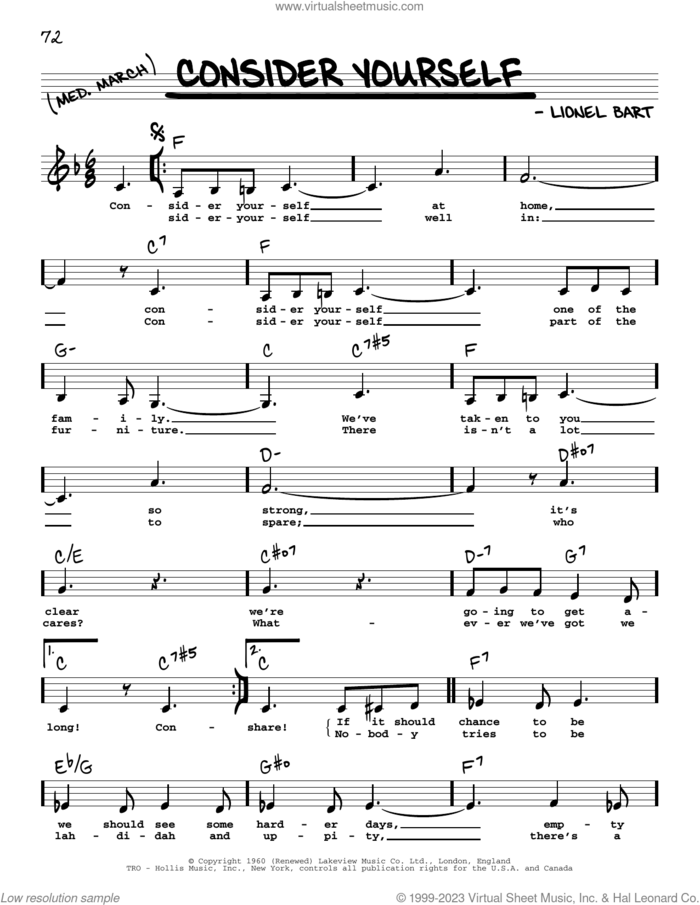 Consider Yourself (Low Voice) (from Oliver!) sheet music for voice and other instruments (low voice) by Lionel Bart, Mark Lester, Jack Wild and Michael Goodman, Bruce Prochnik, intermediate skill level