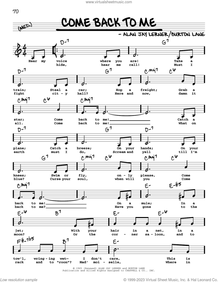 Come Back To Me (Low Voice) sheet music for voice and other instruments (low voice) by Shirley Horn, Alan Jay Lerner and Burton Lane, intermediate skill level