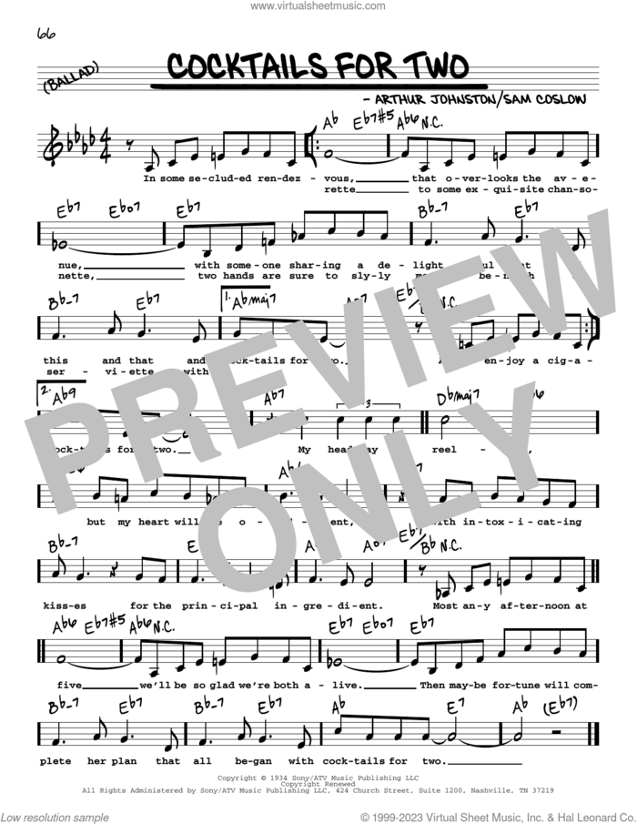 Cocktails For Two (Low Voice) sheet music for voice and other instruments (low voice) by Arthur Johnston, Carl Brisson, Miriam Hopkins, Spike Jones & The City Slickers and Sam Coslow, intermediate skill level