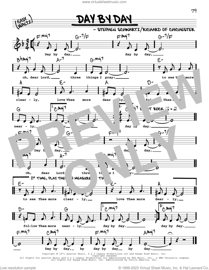 Day By Day (Low Voice) sheet music for voice and other instruments (low voice) by Stephen Schwartz and Richard of Chichester, intermediate skill level
