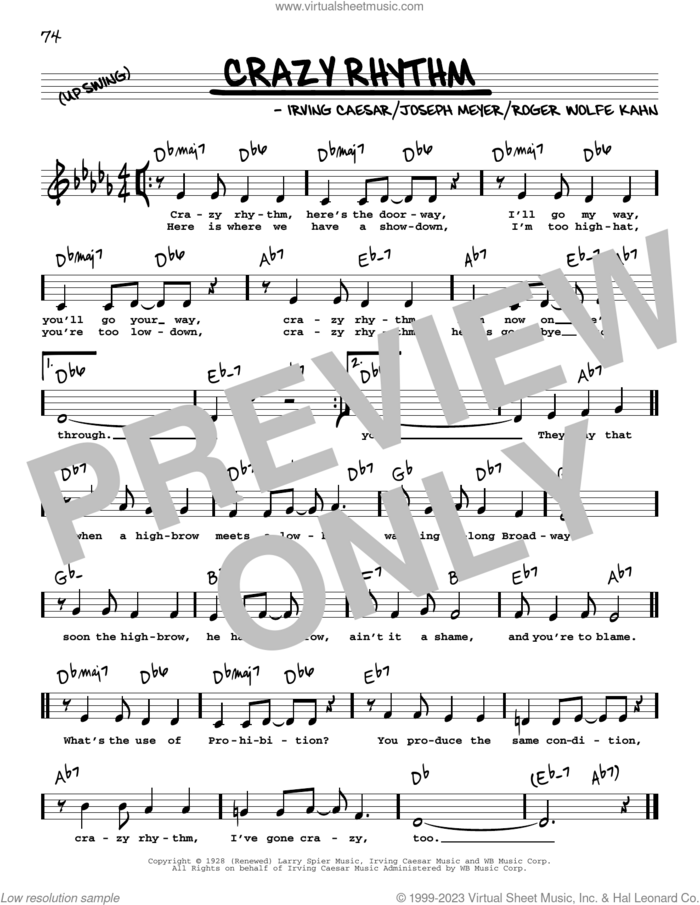 Crazy Rhythm (Low Voice) sheet music for voice and other instruments (low voice) by Ben Bernie, Irving Caesar, Joseph Meyer and Roger Wolfe Kahn, intermediate skill level