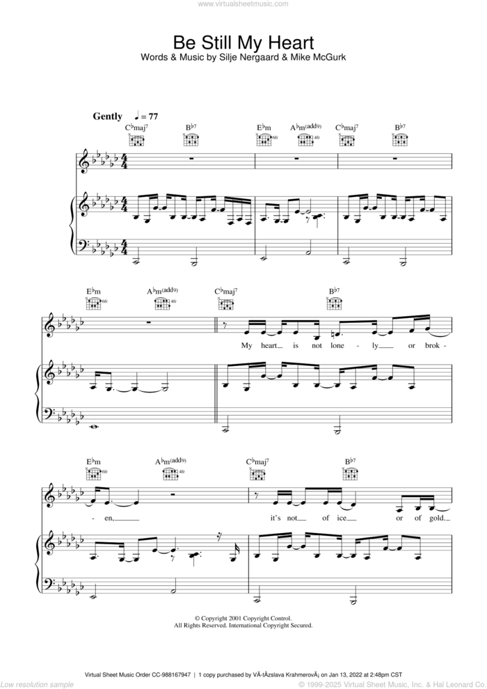 Be Still My Heart sheet music for voice, piano or guitar by Silje Nergaard and Mike McGurk, intermediate skill level