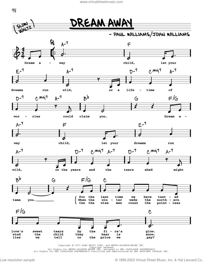 Dream Away (Low Voice) sheet music for voice and other instruments (low voice) by Paul Williams and John Williams, intermediate skill level