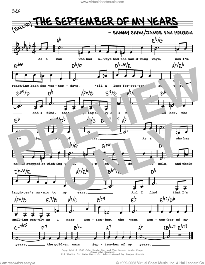 The September Of My Years (Low Voice) sheet music for voice and other instruments (low voice) by Frank Sinatra, Jimmy van Heusen and Sammy Cahn, intermediate skill level