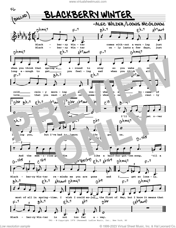 Blackberry Winter (Low Voice) sheet music for voice and other instruments (low voice) by Alec Wilder and Loonis McGlohon, intermediate skill level