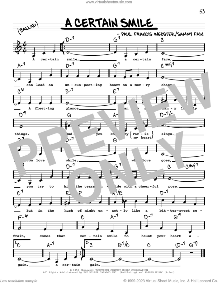 A Certain Smile (Low Voice) sheet music for voice and other instruments (low voice) by Johnny Mathis, Paul Francis Webster and Sammy Fain, intermediate skill level