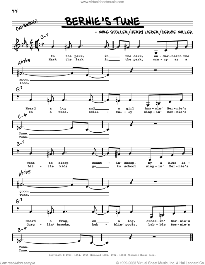 Bernie's Tune (Low Voice) sheet music for voice and other instruments (low voice) by Mike Stoller, Bernie Miller and Jerry Lieber, intermediate skill level