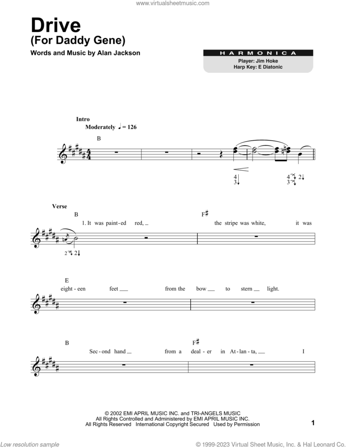 Drive (For Daddy Gene) sheet music for harmonica solo by Alan Jackson, intermediate skill level