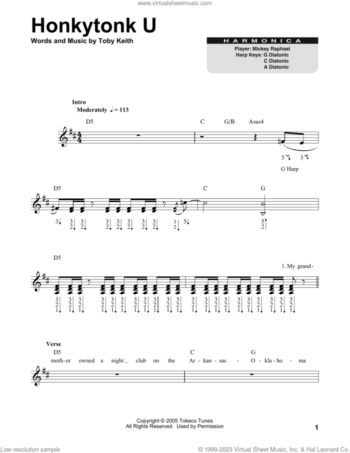 Honkytonk U sheet music for harmonica solo by Toby Keith, intermediate skill level