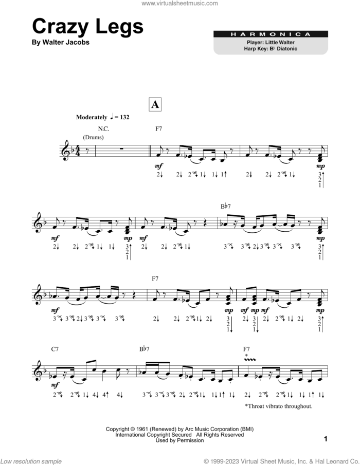Crazy Legs sheet music for harmonica solo by Little Walter and Walter Jacobs, intermediate skill level