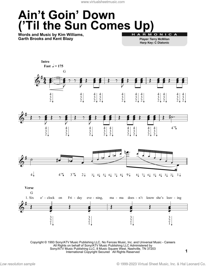 Ain't Goin' Down ('Til The Sun Comes Up) sheet music for harmonica solo by Garth Brooks, Kent Blazy and Kim Williams, intermediate skill level