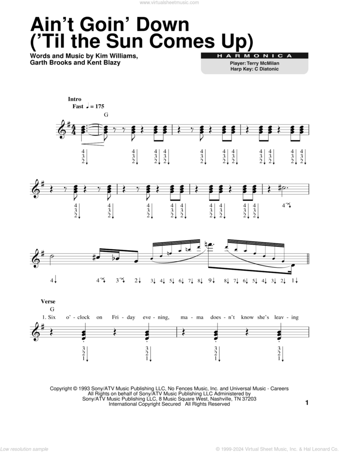 Ain't Goin' Down ('Til The Sun Comes Up) sheet music for harmonica solo by Garth Brooks, Kent Blazy and Kim Williams, intermediate skill level